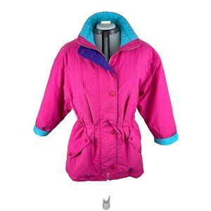 Vintage Shell Jacket Women's XL 80s Bright Pink Cinch Waist Lined Windbreaker